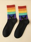 Cat Crew Socks one size LGBTQ+ Rainbow striped pride Black cat emo cute gift