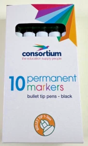 10 x Consortium Black Permanent Marker Bullet Tip Pens 1-3mm - Picture 1 of 3