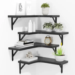 Corner Floating Shelves Wall Mounted Set of 4, Rustic Wood Storage Display Wall - Picture 1 of 19