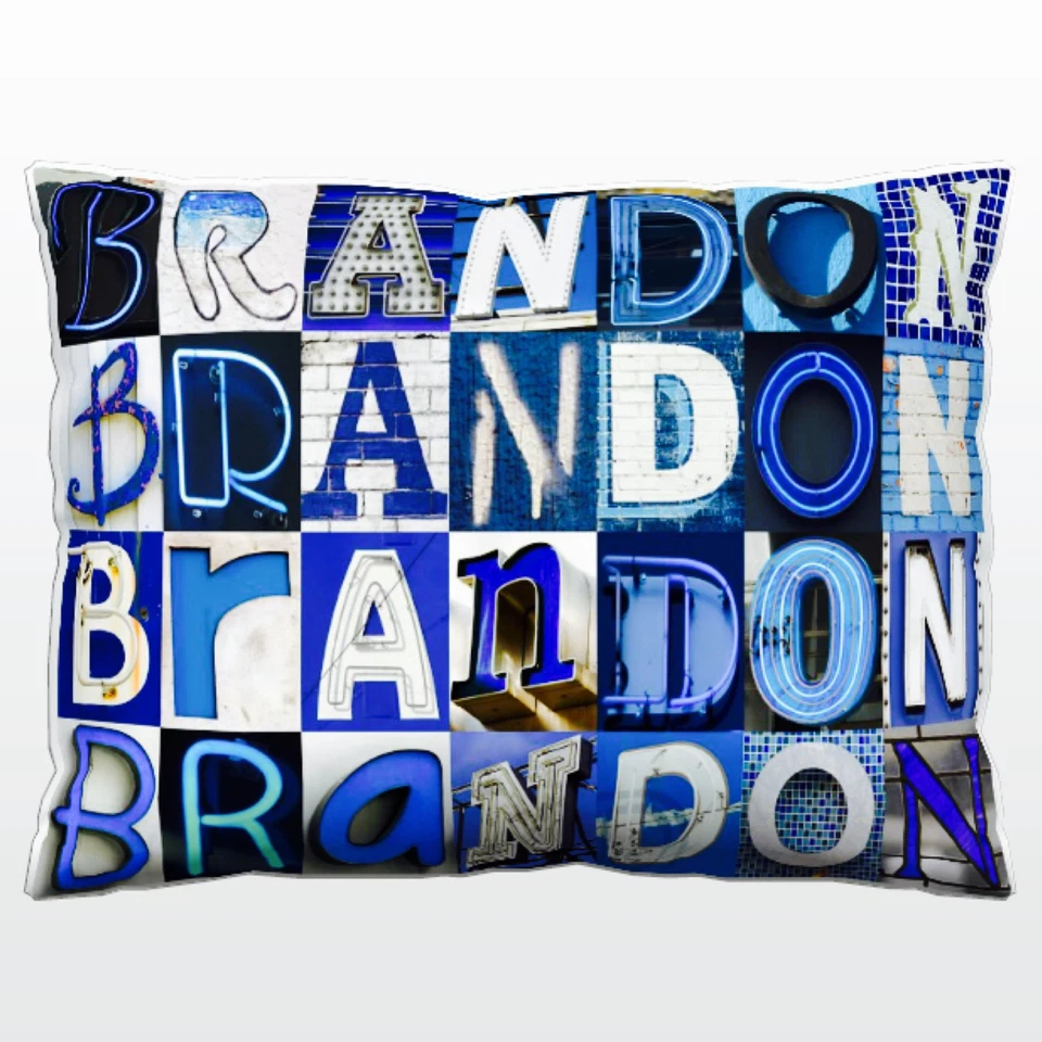 Personalized Pillow featuring the name BRANDON in photos of BLUE sign letters - Image 1 of 1