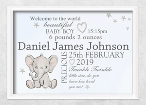 newborn personalised print elephant boy nursery christening gift new baby birth - Picture 1 of 3