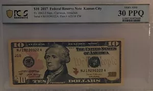 $10 2017 Federal Reserve Note, Kansas City - Very Fine 30 PPQ, Historical Serial - Picture 1 of 2