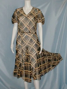 Splendid Vintage 1930's Dress Black and Beige Plaid Silk Chiffon - Picture 1 of 7