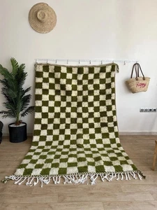 Large Green and white checkered rug, Moroccan Berber checkered rug, Checkered - Picture 1 of 6