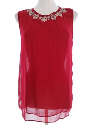 💚 ZARA BASIC Bluse für Damen Stickerei Rot M Ärmellos Crew-Ausschnitt 💚 - Bild 1 von 4