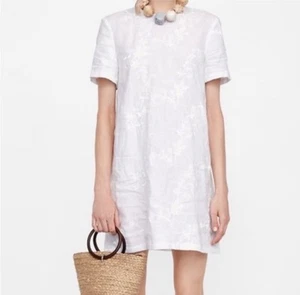 Zara Womens Shift Dress Small White Linen Embroidered Crew Neck Short Sleeve Zip - Picture 1 of 5