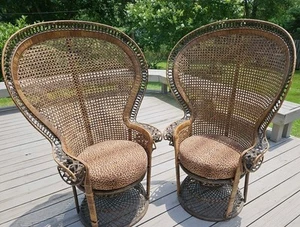 2 Vintage Wicker Rattan Emmanuelle Peacock Chairs Thrones intricate 1960  1970's - Picture 1 of 19
