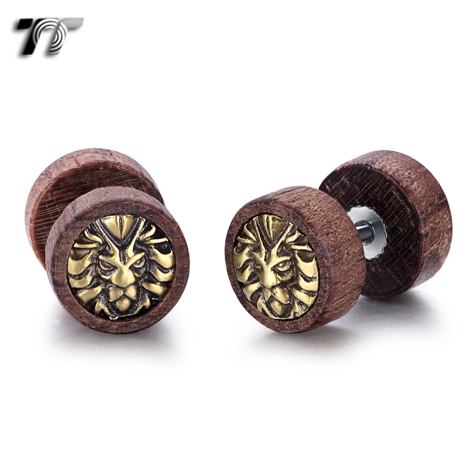 Pendientes tapón de oreja falsos de madera de león redondos de acero quirúrgico TT 10 mm (BE280) NUEVOS Foto 1 de 1