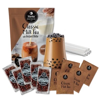 Flavfar Instant Boba Bubble Pearl Milk Tea Kit with Tapioca Boba | 5 Packs