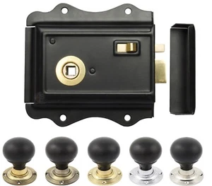 Old English Victorian Style Latch Lock Snib + Ebonised Bun Rim Door Knob Set - Picture 1 of 7