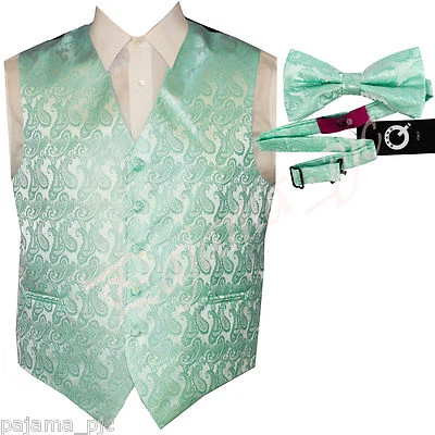 Aqua Green XS to 6XL Paisley Tuxedo Suit Dress Vest Waistcoat & Bow tie Wedding  - Image 1 of 4
