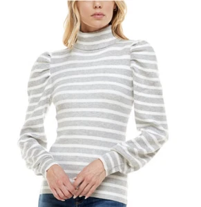 Crave Fame Juniors' Striped Puff-Sleeve Ribbed Sweater Size Large Grey - Picture 1 of 2