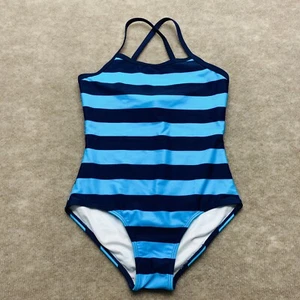 Kanu Surf Girls' Layla Beach Sport Banded 1 Piece Swimsuit Navy/Aqua Stripe 10 - Picture 1 of 7