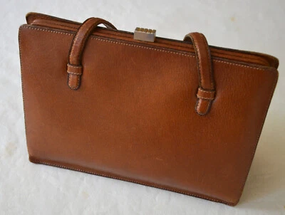 Sac à main ancien tout cuir à anses coloris gold années 1950 vintage - Photo 1/4