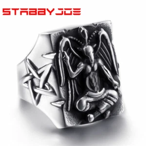 STABBYJOE MENS STAINLESS STEEL SATANIC BAPHOMET PENTAGRAM RING SIZE 8-15 USA - Picture 1 of 11