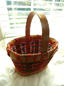 Handmade Wooden Basket-Red/Green Woven in Slats-Heavy-Solid Wooden Bottom/Handle - Picture 1 of 6