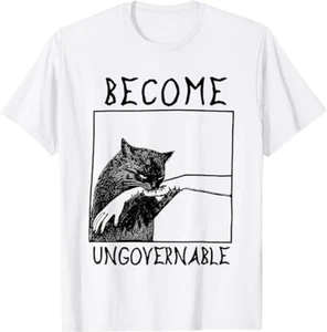 Become Ungovernable - Black Cat Biting Hand Funny Meme T-Shirt - Picture 1 of 2