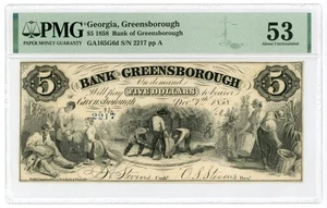 1858 $5 The Bank of Greensborough, GEORGIA Note - PMG AU 53 - Picture 1 of 2