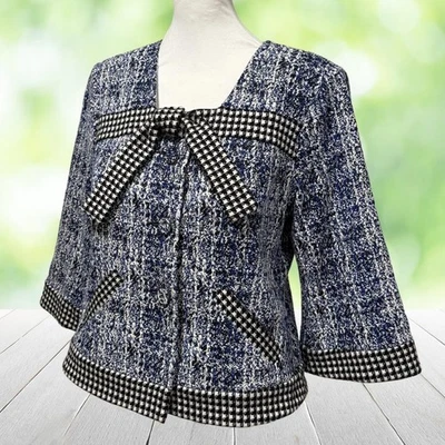 CABI Jacket Womens Medium Blue Black White Bow Front Houndstooth Trim 3/4 Sleeve - Image 1 of 4