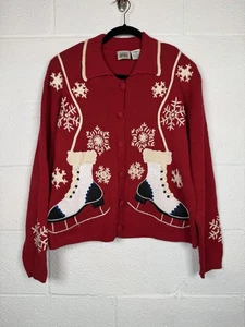 Vintage Jason Maxwell Red Ice Skates Snowflake Sweater L Collared Button Up - Picture 1 of 10