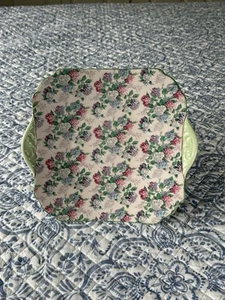 Shelley England Fine Bone China Cake Plate Pink Summer Glory Handles Green Edge - Picture 1 of 10