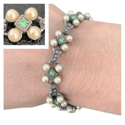 Vintage Mid-Century Bracelet, Faux Pearls & Peridot Glass Crystals, Floral Motif - Image 1 of 4