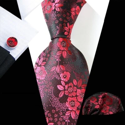 Clásico Floral Rojo Negro Jacquard Seda Para Hombre Corbata Corbata Pañuelo Conjunto de Gemelos Foto 1 de 4
