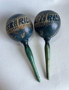 Vintage Hand Made Painted Blue Costa Rica Carved Wood Shaker Maracas Lot of 2 - Picture 1 of 5