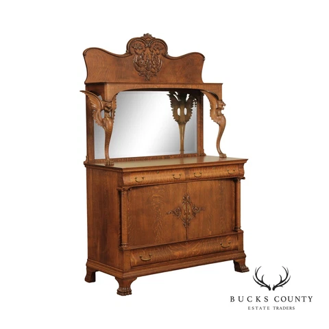 Antique Victorian Winged Griffin Carved Oak Sideboard Buffet Cover