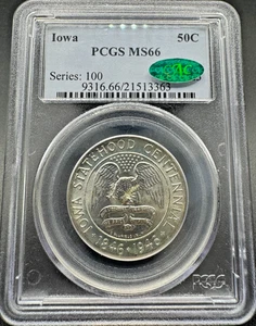 1946 IOWA COMMEMORATIVE SILVER HALF DOLLAR PCGS OGH BLUE LABEL MS66 CAC 10EGA25 - Picture 1 of 4