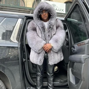 Invierno Hombres Abrigo con Capucha de Piel de Zorro Plateado Real Chaqueta de Piel Genuina Esponjosa Gruesa Prendas de Aire - Imagen 1 de 23
