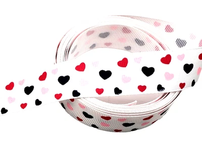 3 yards 7/8" Red, Black, Pink & Grey Hearts on White Grosgrain Ribbon 100% poly - Image 1 of 4
