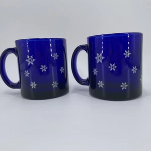 Libbey Kaffeetassen Kobaltblau Glas Schneeflocken Winter Heiß Kakao Mid Century USA - Bild 1 von 9