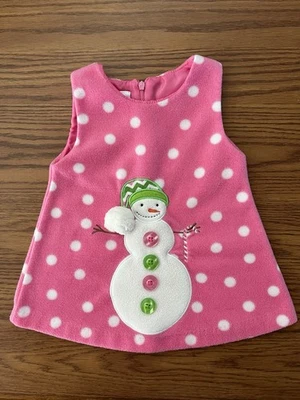 Bonnie Baby 6-9 M Fleece Pink White Dots Jumper Snowman Christmas Pompom Buttons - Image 1 of 4