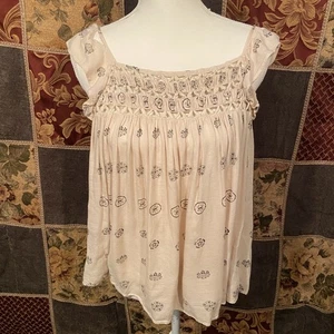 Ranna Gill Ruffle Accent Blouse Top Women's Small Cream Tan Geometric Print - Picture 1 of 14