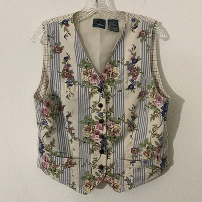 Chaleco para mujer Liz Wear vintage años 80 M blanco estampado floral a rayas botón sin mangas Foto 1 de 3