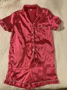 Pink Pajama Set Girls Silk Satin Top With Shorts - Size 8-10 / 140 - Picture 1 of 5