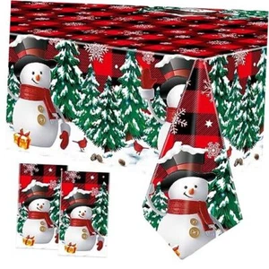 PCS Christmas Plastic Tablecloths Snowman Disposable Table Covers Black Red 2 - Picture 1 of 8