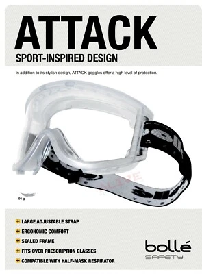 BOLLÉ Safety Goggles Bolle ATTACK II Fit over Prescription Glasses Sealed Wide Version