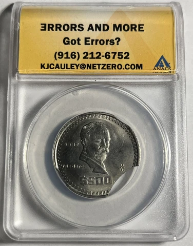 1987 MEXICO 500 PESOS CLIPPED PLANCHET ERROR ANACS GRADED SAMPLE SLAB Cover