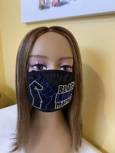 Black Lives Matter Bling Rhinestone Face Mask With Filter Washable Blue - Picture 1 of 8