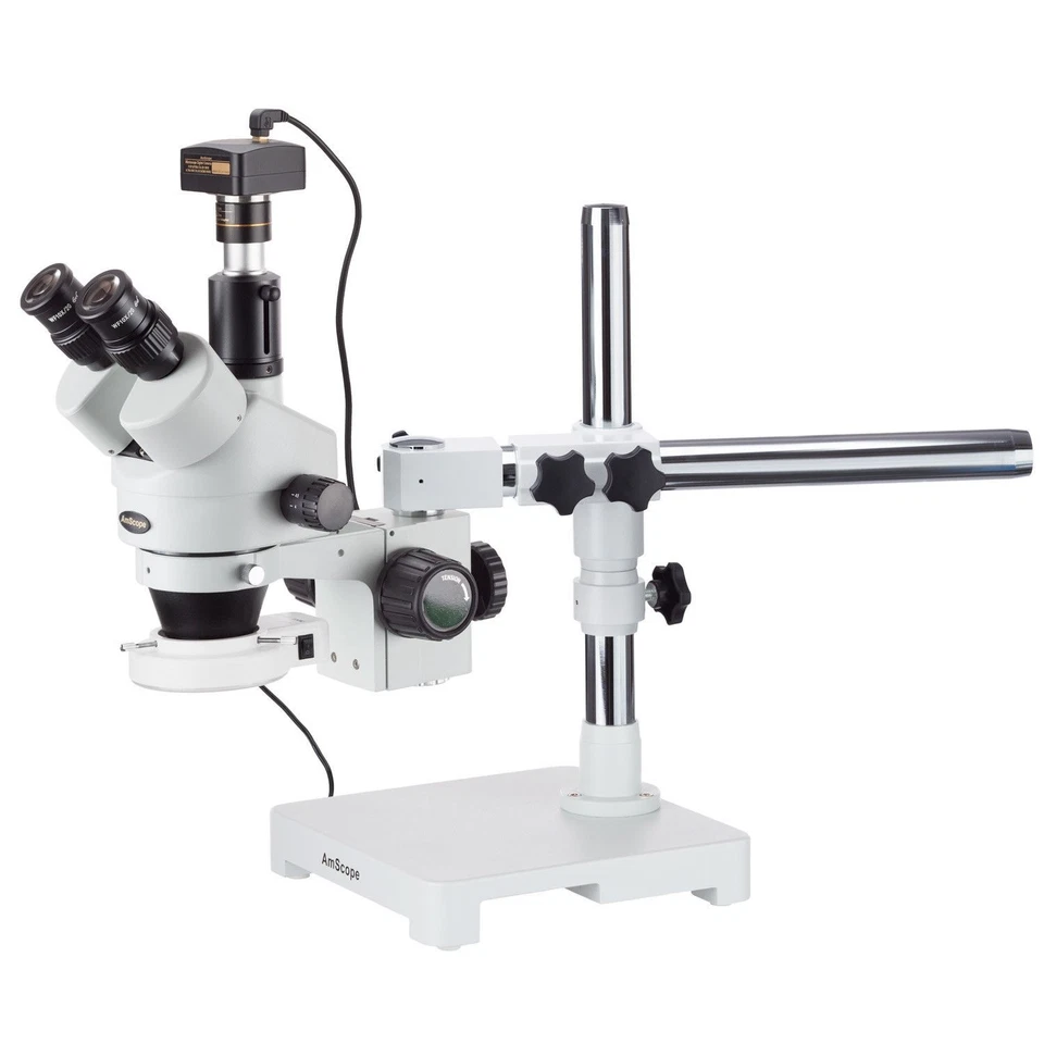 Microscopio estéreo AmScope 3,5X-90X trinocular LED con soporte + cámara de 1,3 MP Foto 1 de 4