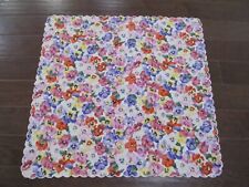Vintage Sander Small Square Cotton Tablecloth Colorful Pansies Scalloped Edge