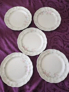 Set Of 5 Pfaltzgraff Tea Rose 10 3/8” Dinner Plates Pink & Blue Floral - Picture 1 of 6