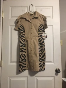 Dereon Tan With Black Animal Print Button Front Dress Womens Size L NWT - Picture 1 of 6
