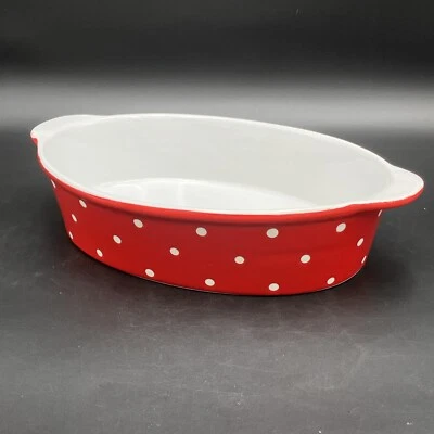 CENTURY RED WHITE DOTS RED OVAL BAKER CASSEROLE DISH 13 1/2” - Image 1 of 4