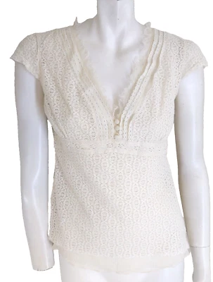 Blusa Top $198 ELLIE TAHARI S Cuello en V Marfil Encaje Mangas Gorra Foto 1 de 4