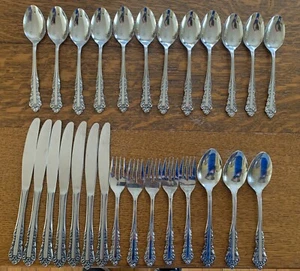 27pc OXH37 STAINLESS OXFORD HALL floral scrolls 12tsp 7kniv 5fork 3tbs - Picture 1 of 4