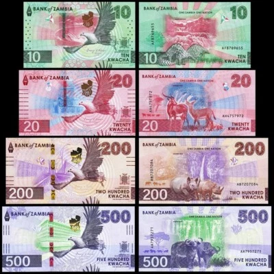 Zambia 4 Pcs SET, 10 20 200 500 Kwacha 2024 2025, UNC, P-62 63 66 67 New Design - Image 1 of 4