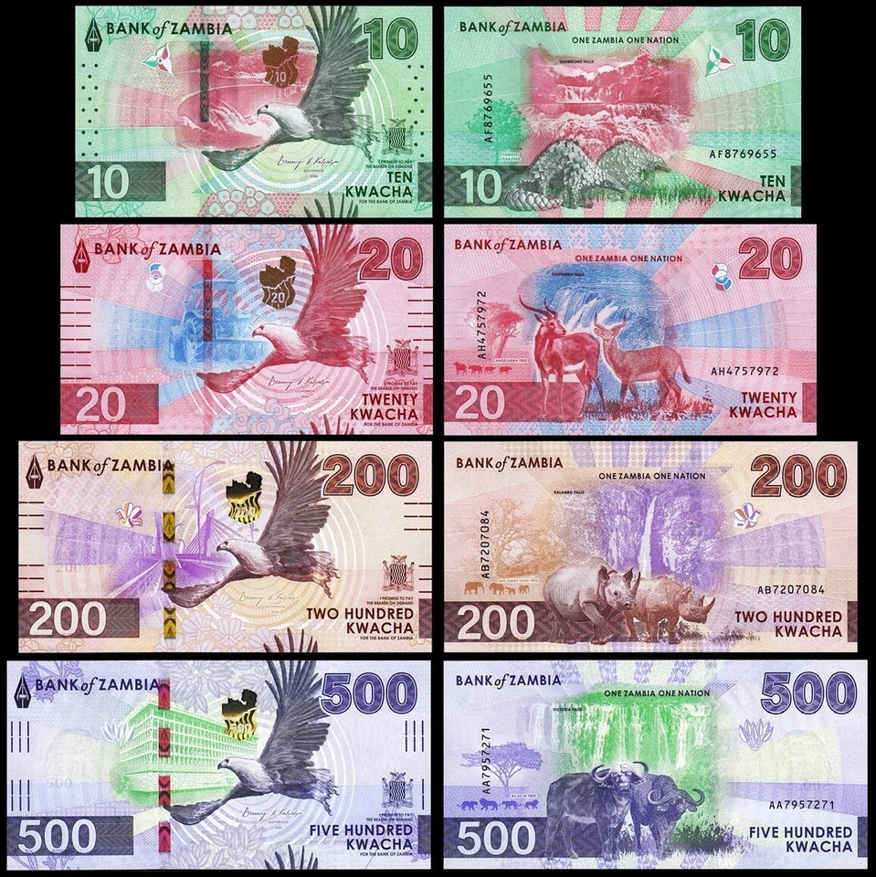 Zambia 4 Pcs SET, 10 20 200 500 Kwacha 2024 2025, UNC, P-62 63 66 67 New Design - Image 1 of 4